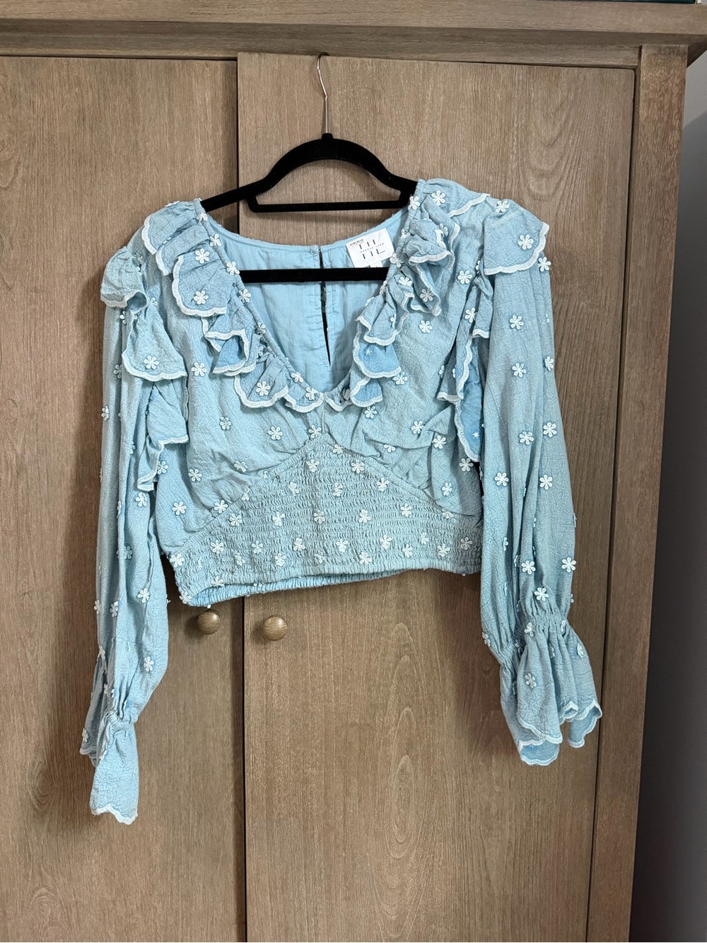 Anthropologie Light Blue Floral Embroidered Ruffle Crop Top